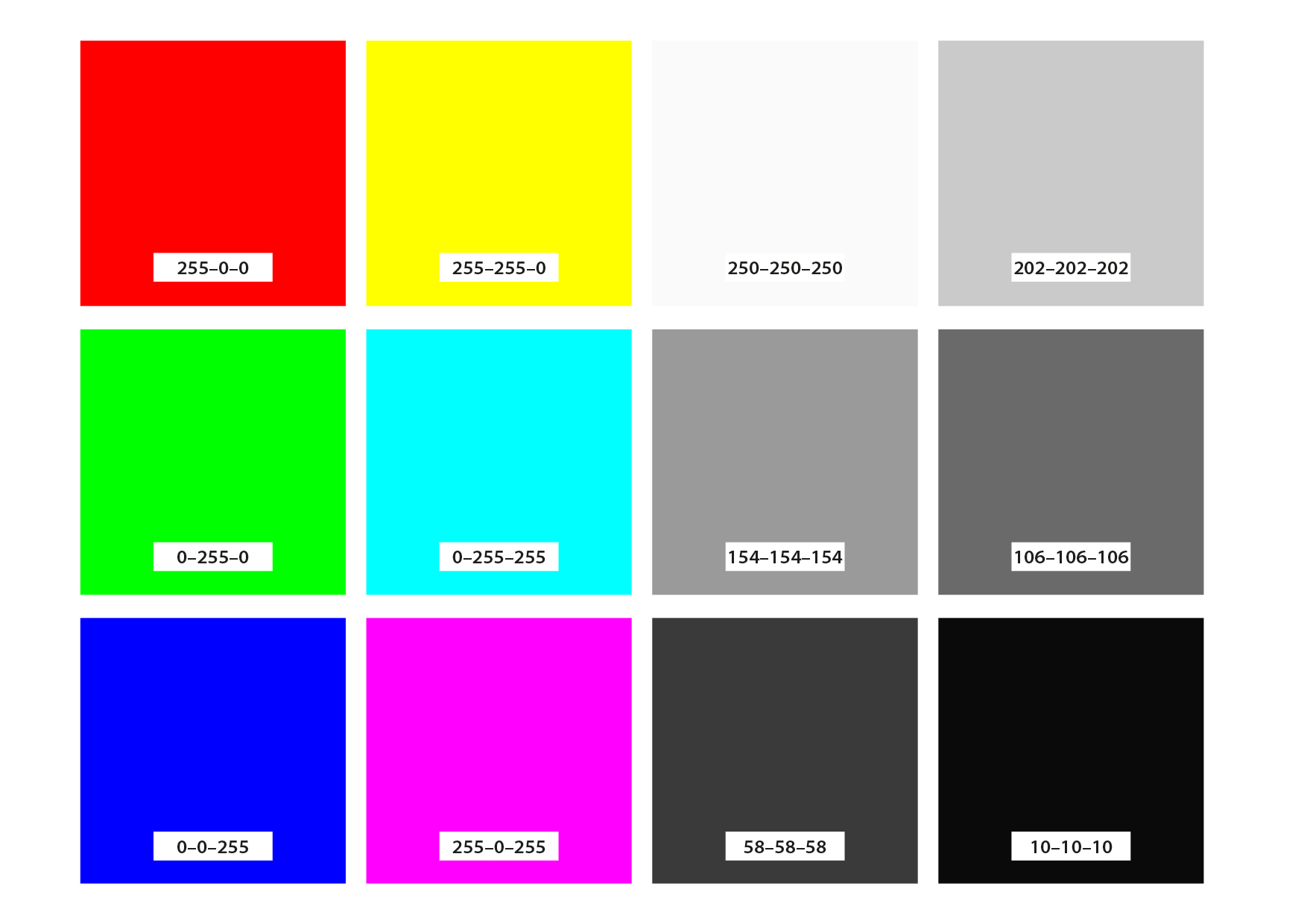 Testbild zur Farbwiedergabe in unterschiedlichen Kontexten, diverse Farb- und neutrale Grauflächen