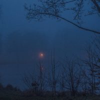 Abendlicher Nebel in blauem Dämmerlicht: Teich mit schemenhaften Bäumen und wenigen Lichtern