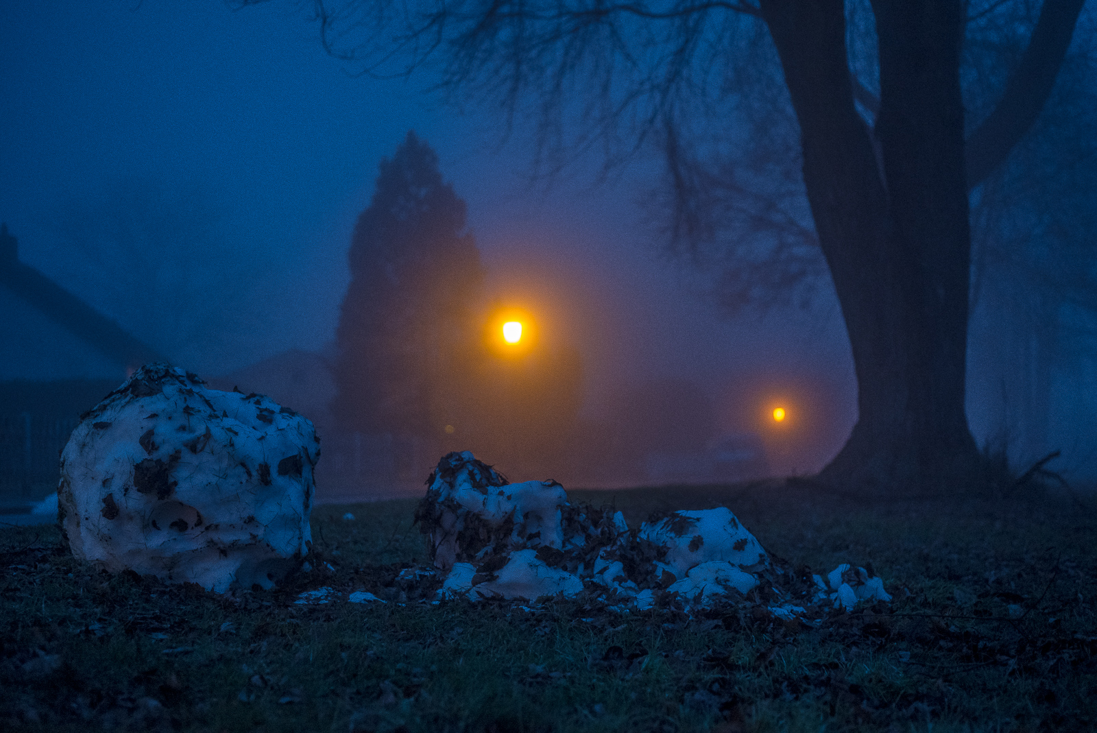 Abendlicher Nebel in blauem Dämmerlicht: Reste eines Schneemanns auf einer Wiese