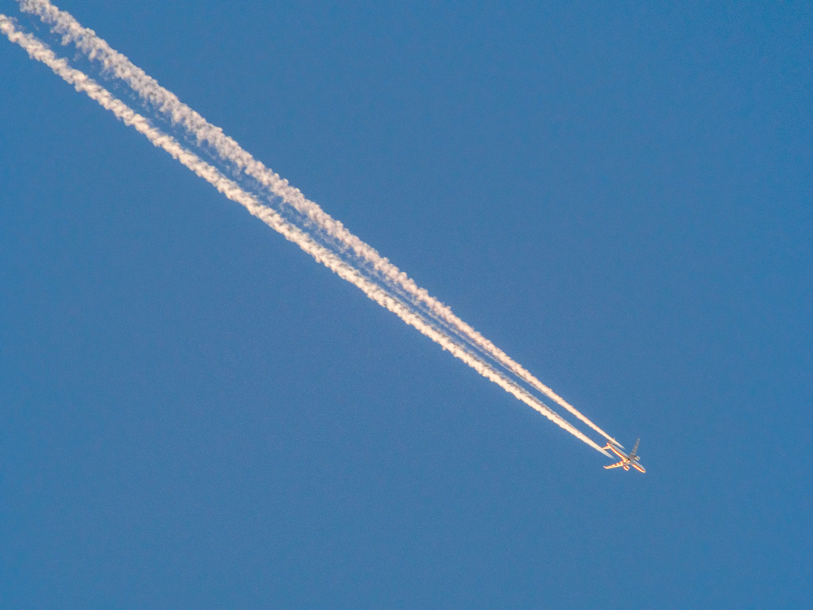 vor intensiv blauem Himmel der von der Sonne beleuchtete Kondensstreifen eines Flugzeugs, der sich von oben links diagonal durchs Bild zieht. Das Flugzeug fliegt auf die rechte untere Ecke zu und ist kurz davor.