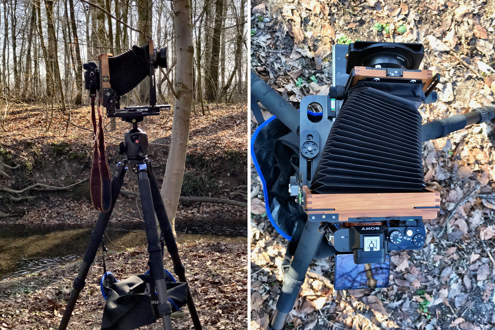 Zwei Fotos einer digitalen Kamera, die an eine Holz-Laufbodenkamera adaptiert ist – einmal von der Seite und einmal von oben gesehen, um die diversen Verstellungen des Objektivs relativ zur Kamera zu visualisieren