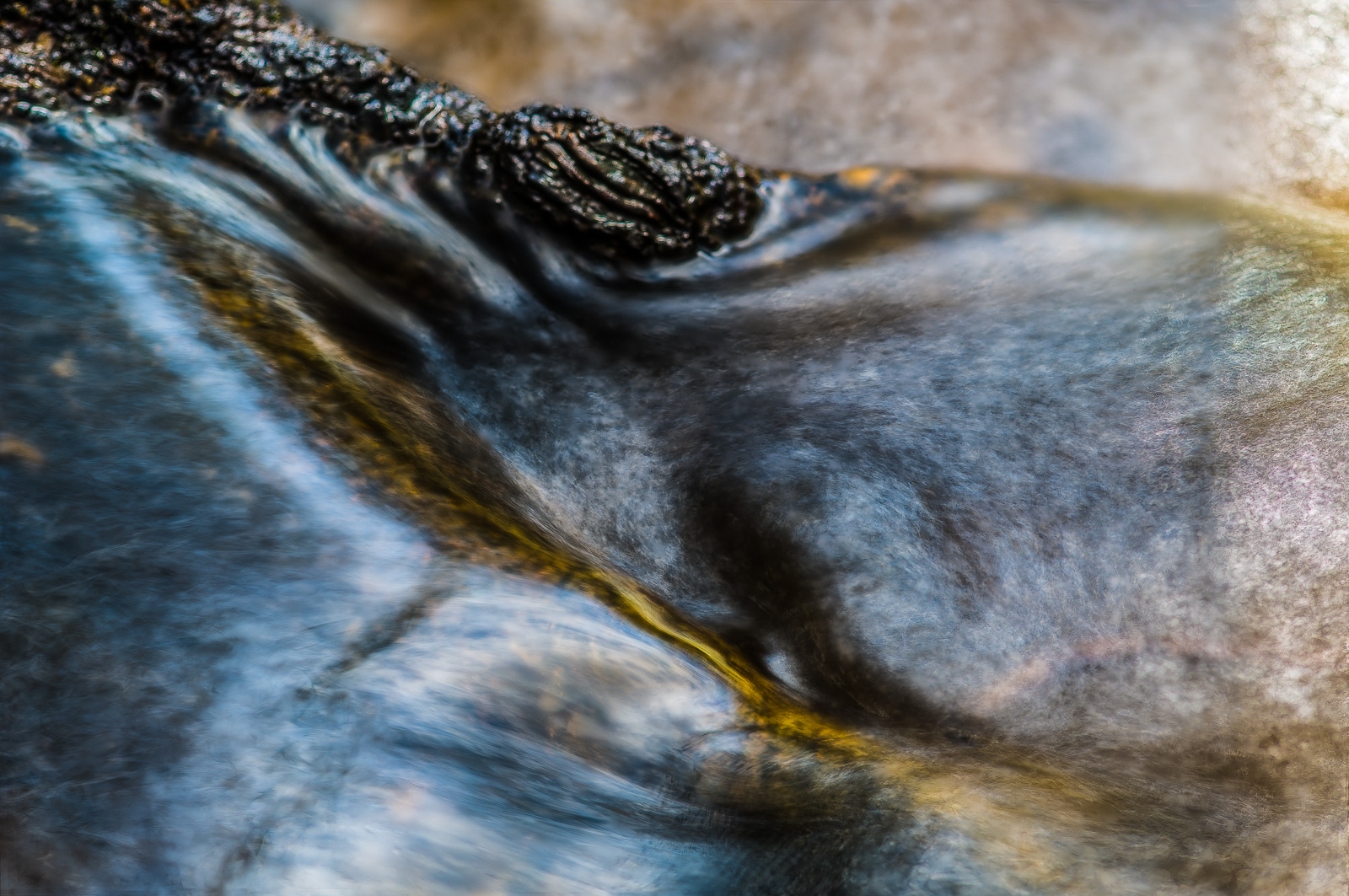 Eine Wurzel in einem Bach staut das Wasser auf und sorgt für eine kleine Kaskade. Das Foto wurde sehr lang belichtet, das Wasser sieht weich wie gemalt aus.