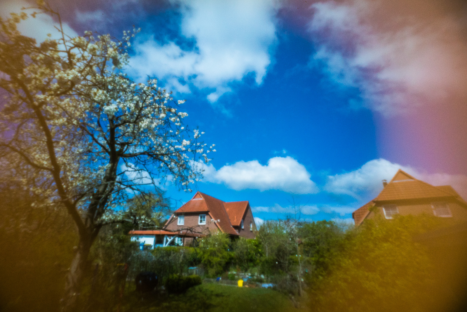 Blick in einen Garten unter leicht bewölktem blauem Himmel. Links ein blühender Kirschbaum, mittig und rechts zwei geklinkerte, rot gedeckte Häuser. Kräftige kreisförmige Abschattung und Farbverschiebung zu den Rändern hin (das Bild ist durch ein Loch, ohne Objektiv, aufgenommen)
