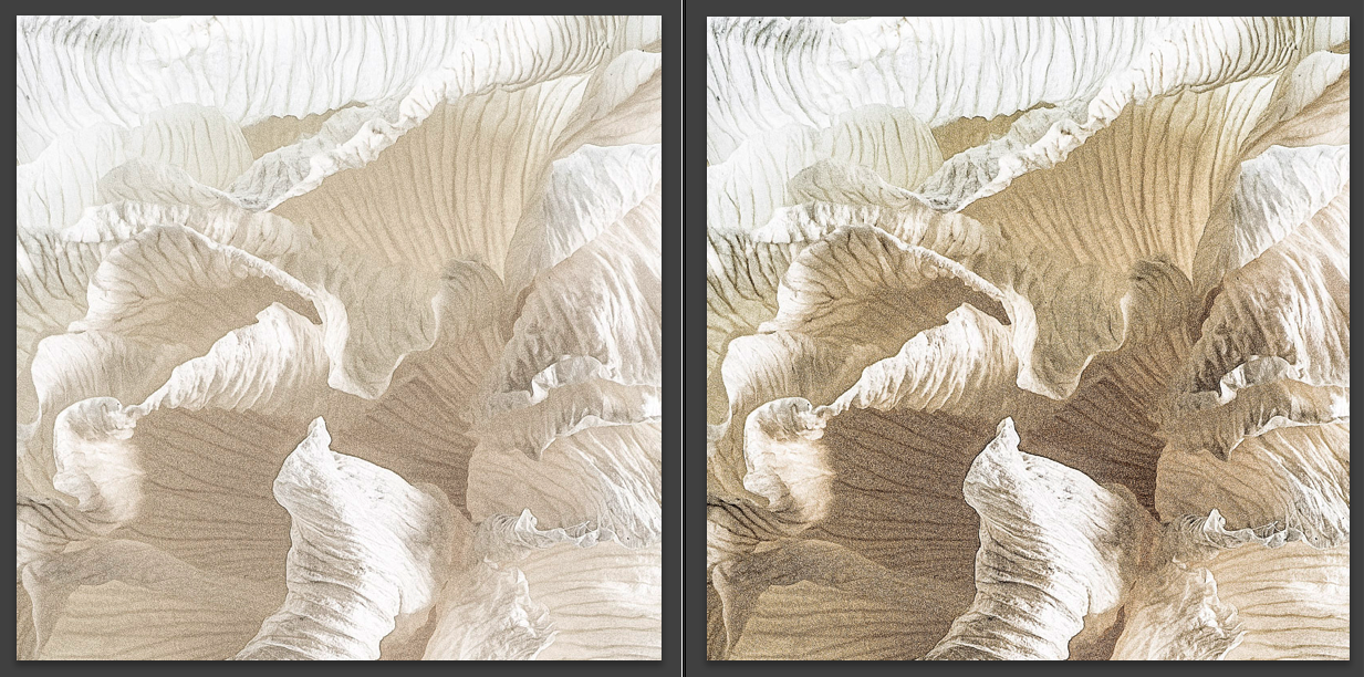 Vergleich zweier farbarmer Varianten des Detailfotos aus dem Artikel, einmal mit sehr heller Grundabstimmung und sehr zarten Details, einmal mit mehr Tiefe und Kontrast