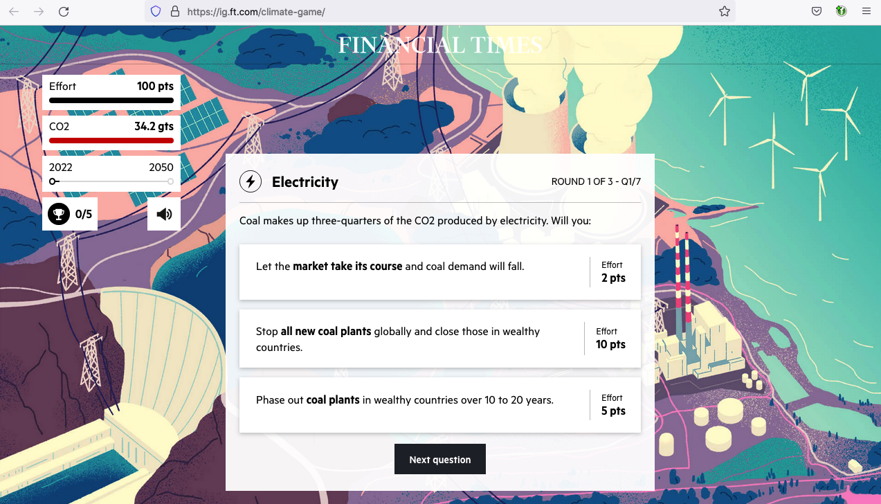 Screenshot aus dem ft-Climate Game mit der ersten Frage aus dem Ressort Elektrizität. Die Auswahlmöglichkeiten sind "Lass den Markt es regeln", "Stoppe weltweit alle neuen Kohle-Anlagen" und "Fahr die Kohle-Anlagen in den reichsten Ländern über 10–20 Jahre runter". 