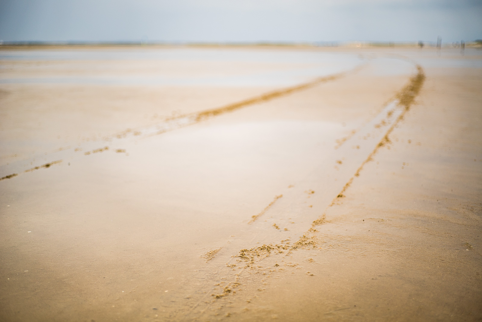 zwei Fahrspuren ziehen sich durch Sand, diagonal durchs Bild, bis zum Horizont