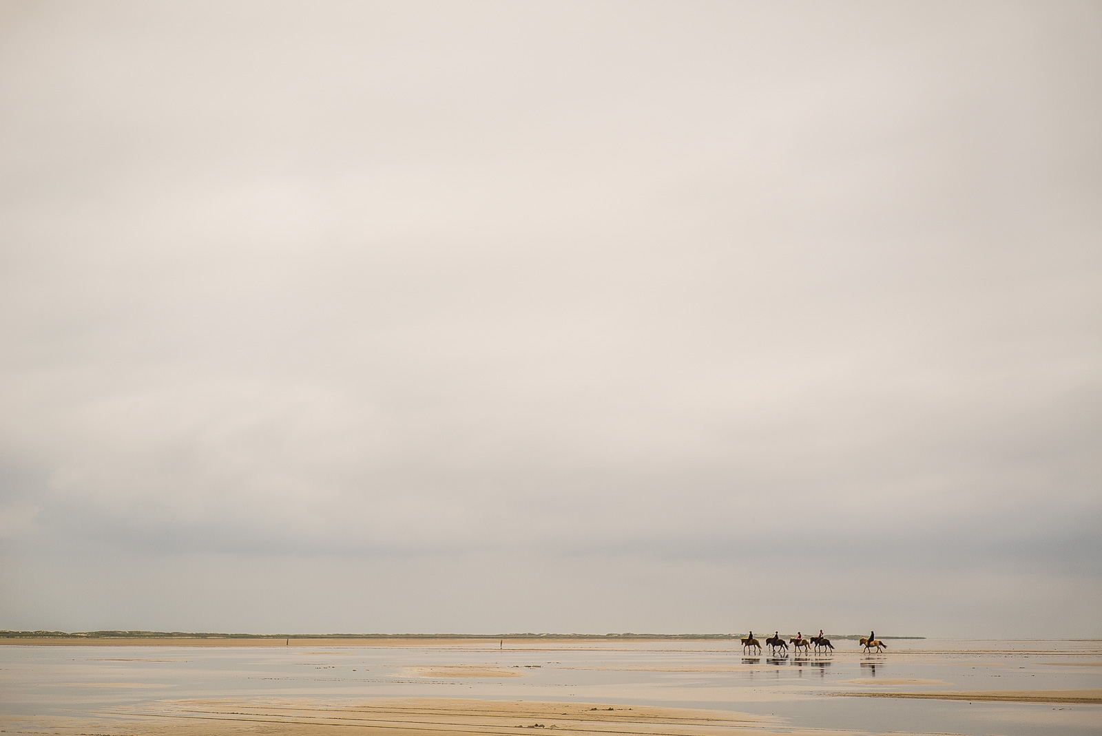 Fünf Reiter auf Pferden im Watt, klein in der rechten unteren Bildecke, darüber viel grauer Himmel