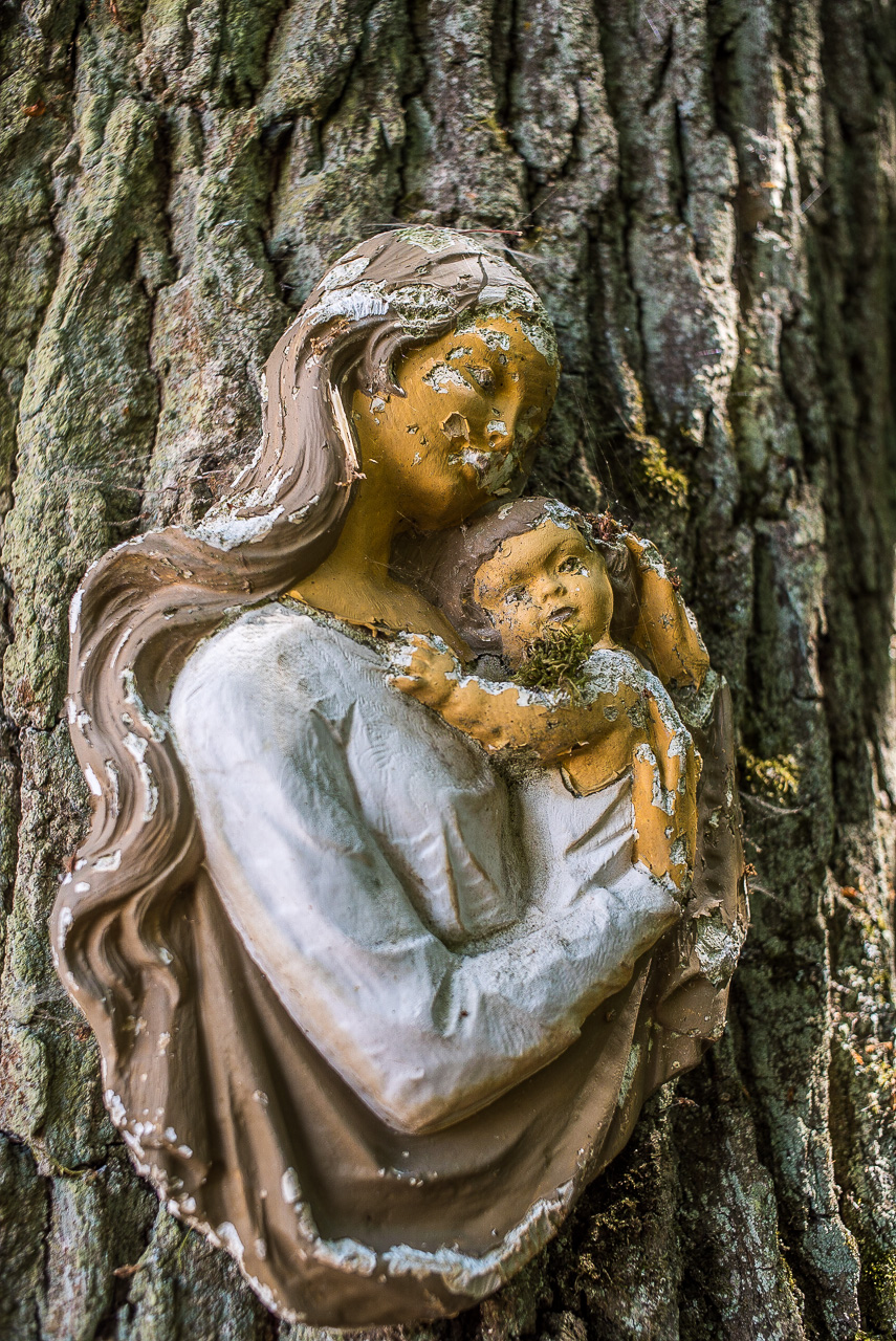 Madonna mit Kind als Relief an einem Baum