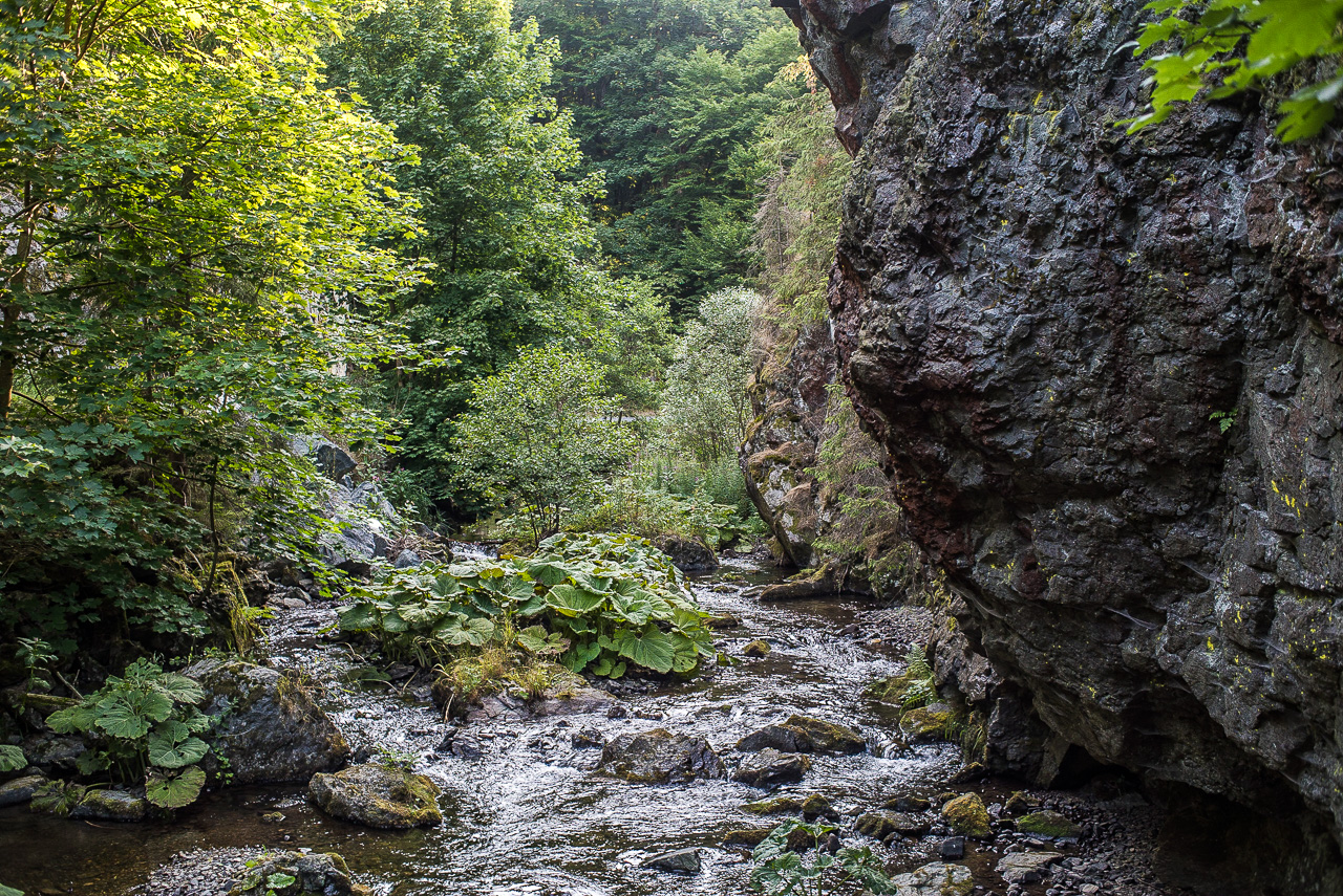 Ein Bach läuft durch eine zerklüftete Felsenlandschaft