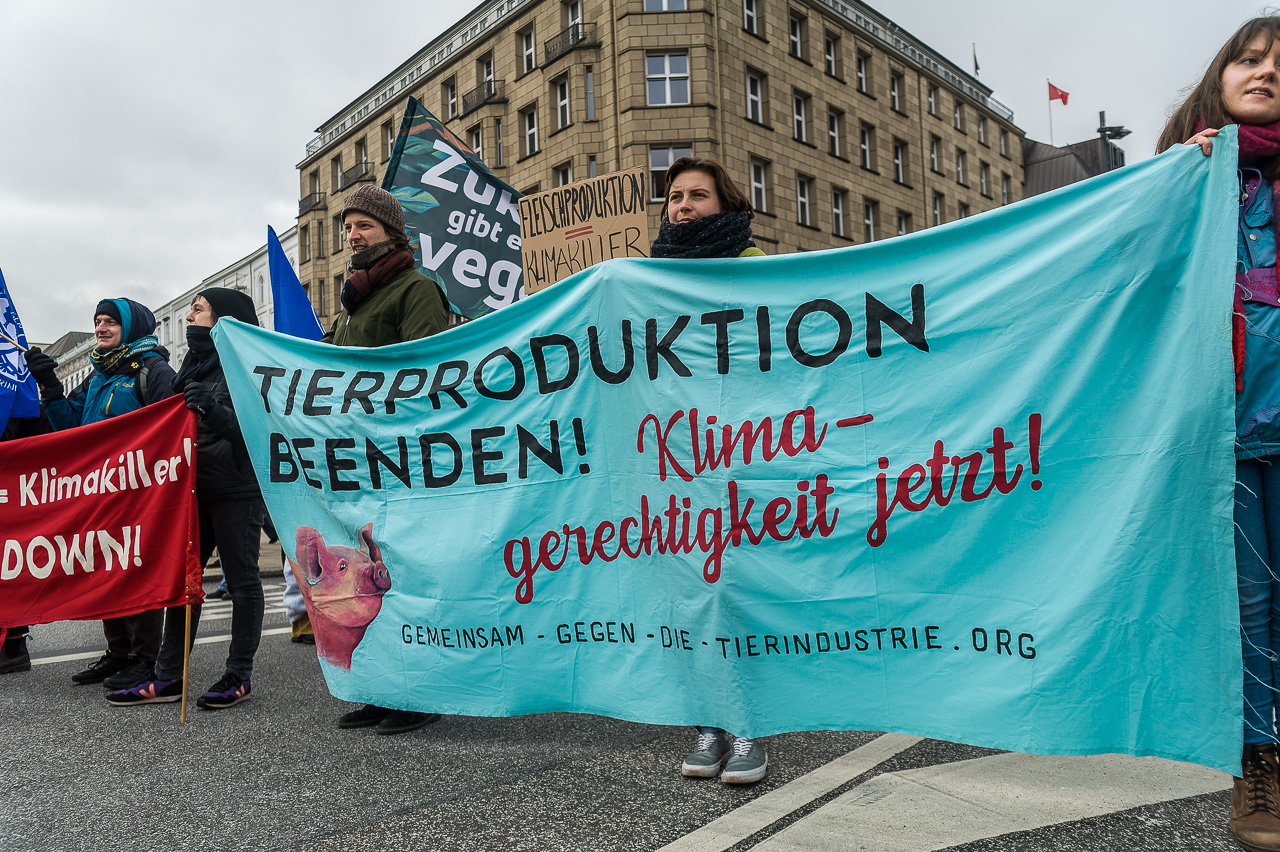 Demo-Transparent, hell-blaugrün: Tierproduktion beenden! Klimagerechtigkeit jetzt!