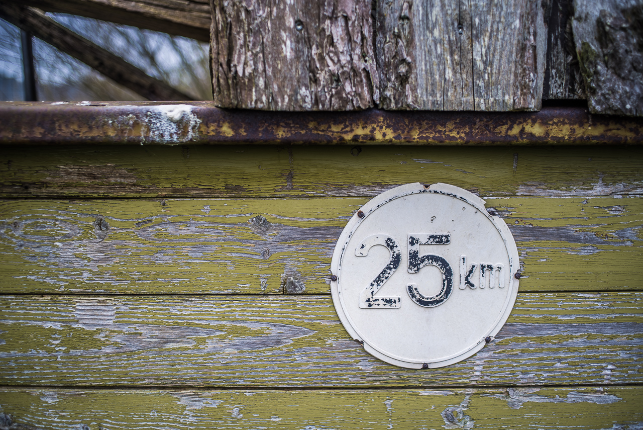 Detail eines alten landwirtschaftlichen Anhängers, abgeblätterte grüne Farbe auf Holz und Metall. Ein ziemlich verblasstes Schild "25km".