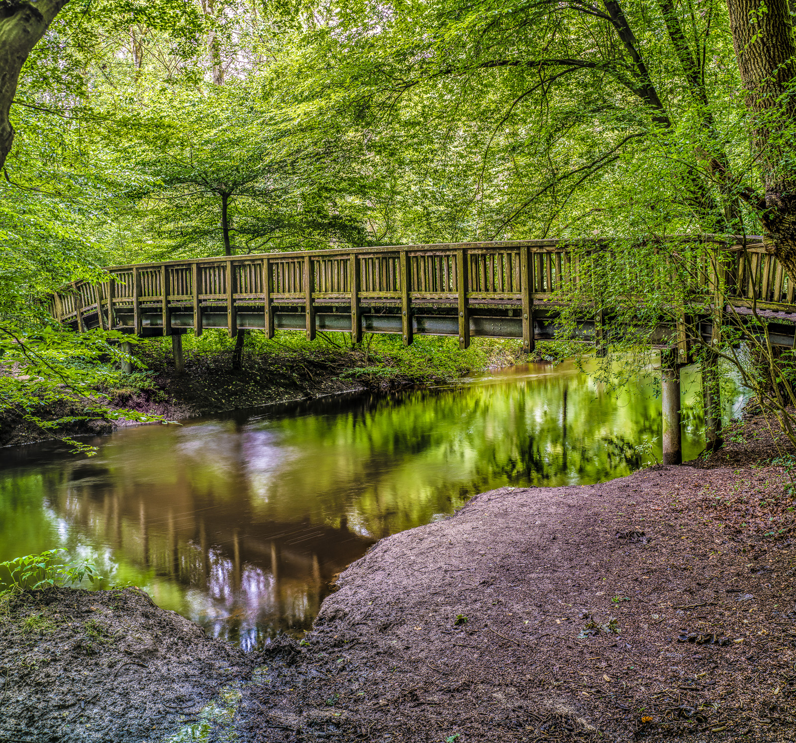 Eine Brücke über einen Bach im Wald teilt das fast quadratische Bild etwa in der Mitte. Vorn sandig-matschiges Ufer, oben und seitlich leuchtend grüne Laubbäume.