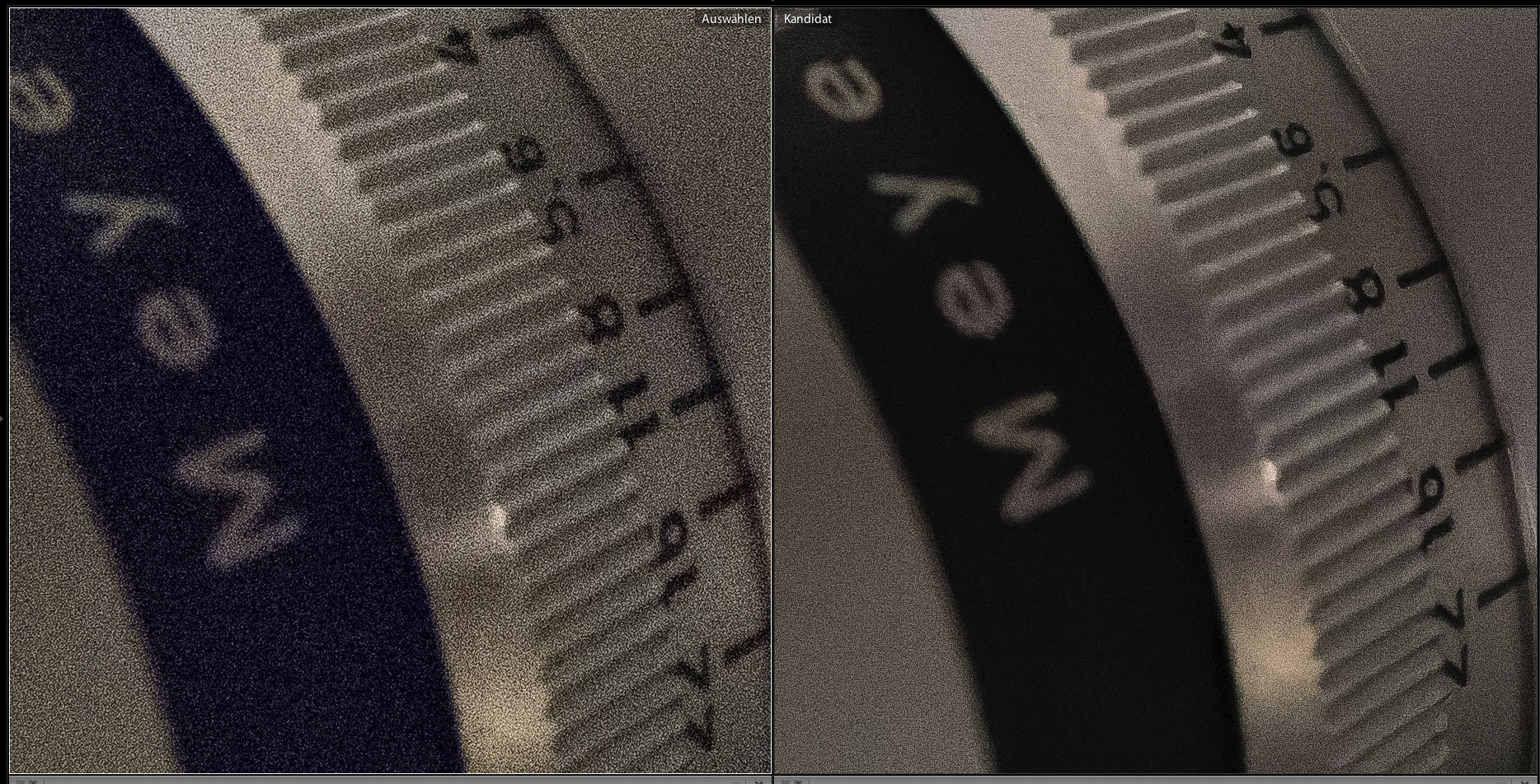 Detail der SpiegelReflexKamera, sehr grobes vs. sehr feines Rauschen im Vergleich