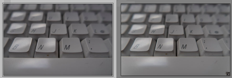 Zwei vermeintlich identische Fotos von einer PC-Tastatur nebeneinander, das eine hat minimal mehr Bildausschnitt als das andere