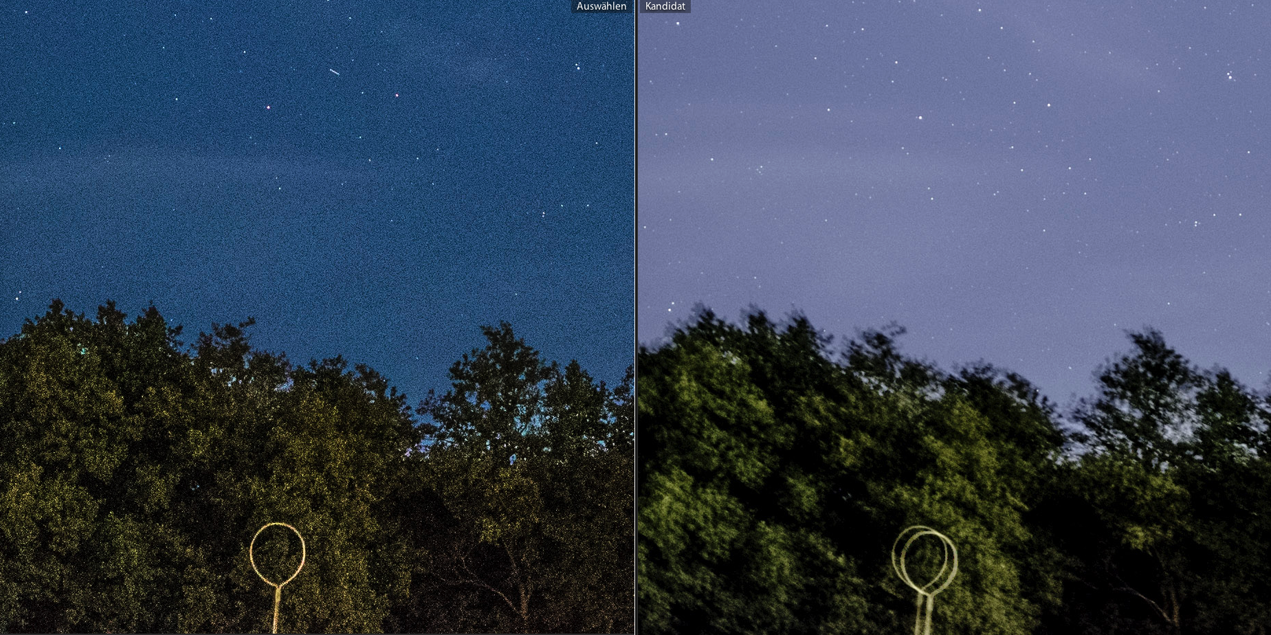 Detail des Nachthimmel-Fotos im Vergleich: Links scharf, aber verrauscht, rechts klare Sterne ohne Rauschen, aber unscharfer, verwackelter Vordergrund