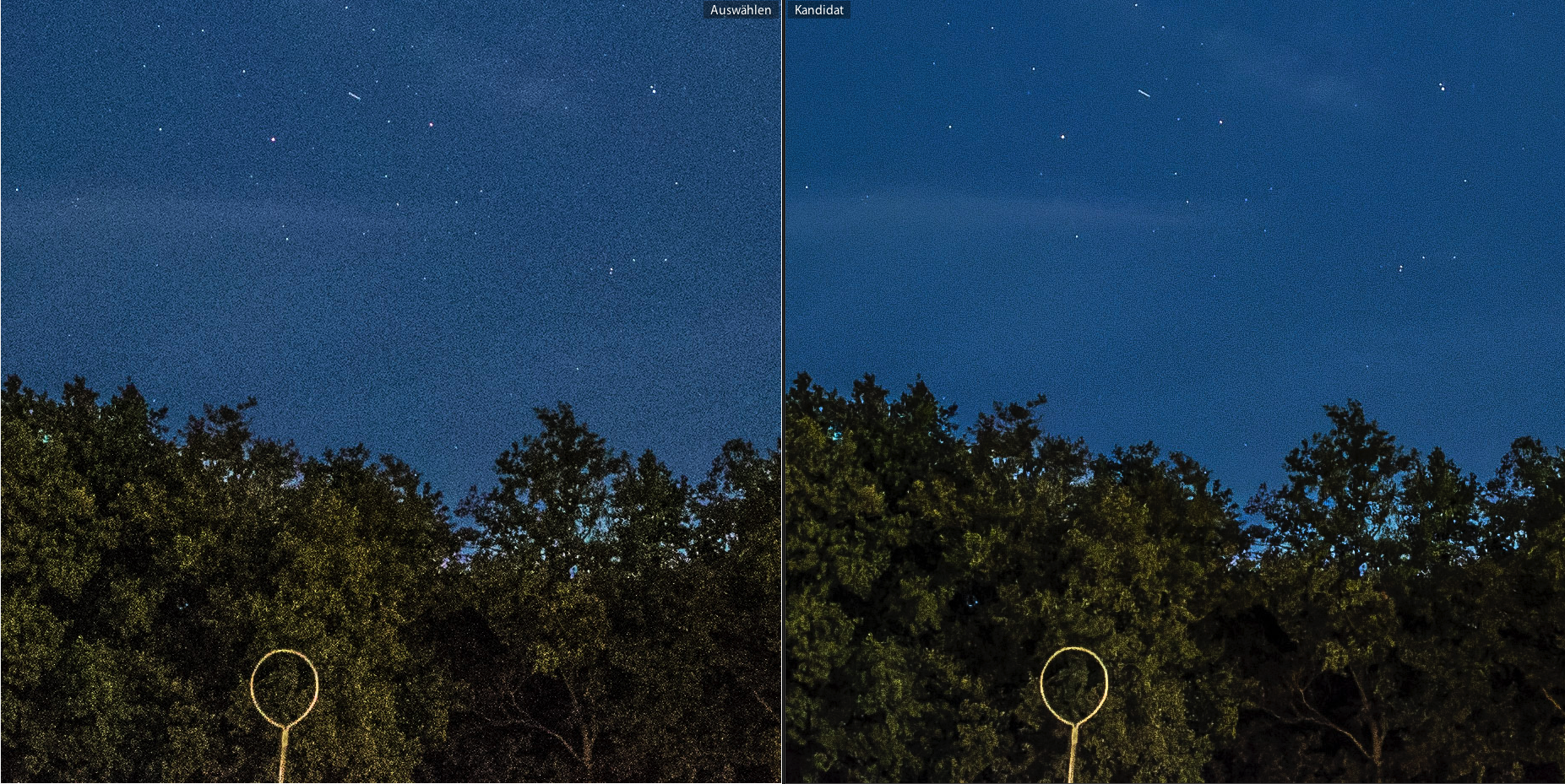Detail des Nachthimmel-Fotos im Vergleich: Links scharf, aber verrauscht, rechts rauschärmer, aber etwas verwaschen