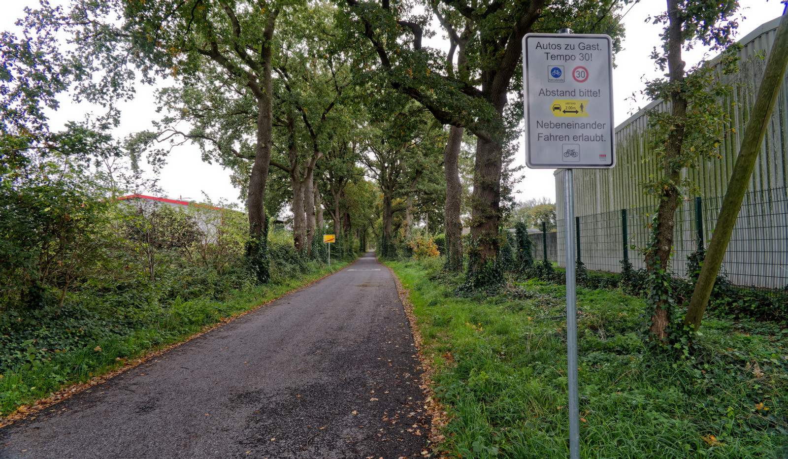 Schmale LandStraße am OrtsRand. Ein Schild "Autos zu Gast – Tempo 30 – Fahrradstraße – Abstand bitte".