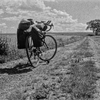 Körniges SW-Foto: Ein Rennrad mit Packtaschen und Aero-Lenker steht auf einer SchotterPiste durch kahle Landschaft, die am Horizont auf einen einzelnen Baum zuläuft.