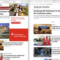 Vergleich zweier Browser-Ansichten einer Zeitungs-Website: links mit vielen Werbebannern, teils überlappend, rechts nur die redaktionellen Inhalte