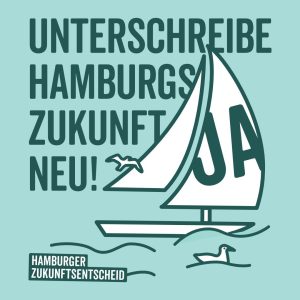 Quadratisches hell-grünes Bild. Schlicht gezeichnetes Segel-Boot auf Wasser mit dem Wort JA auf dem weißen Segel. Dahinter Text: Unterschreibe Hamburgs Zukunft neu! Hamburger ZukunftsEntscheid